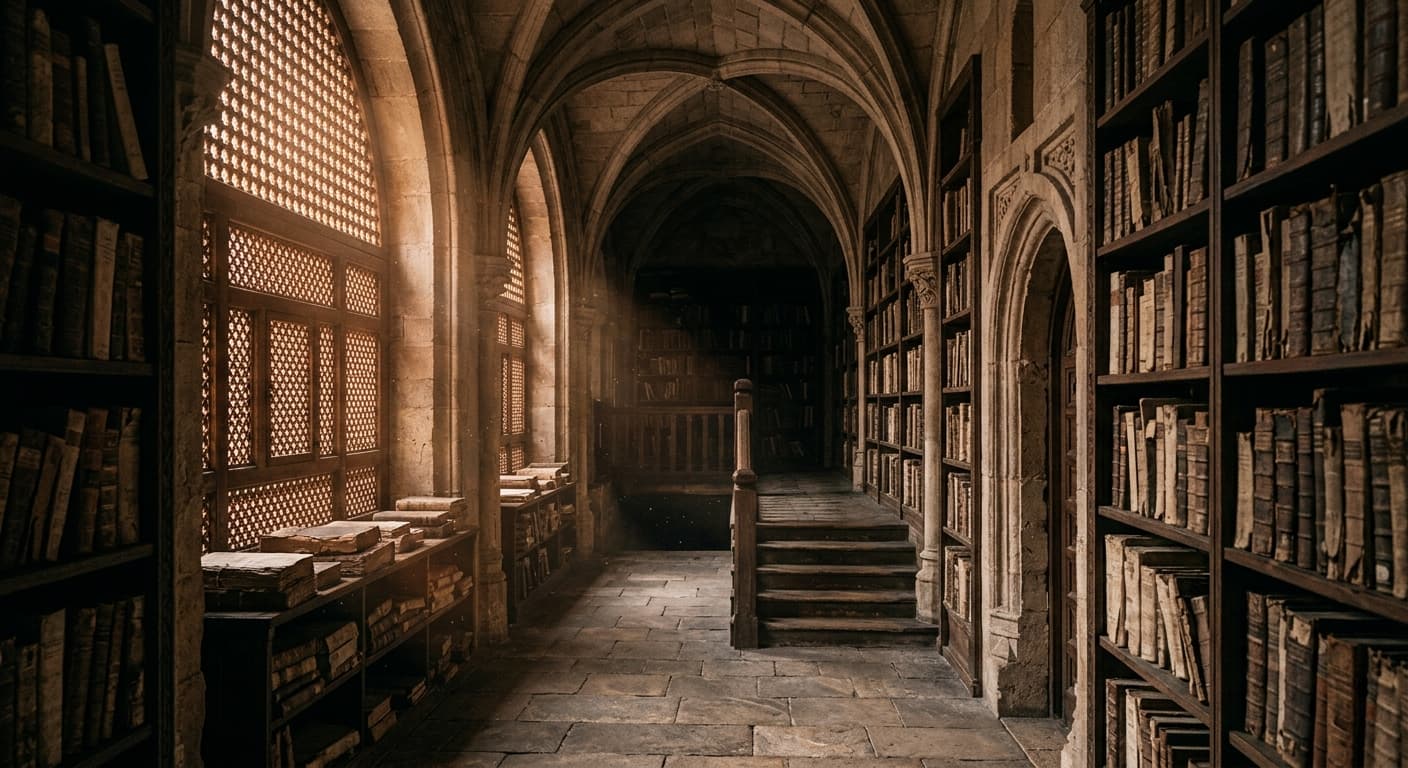 Ancient library corridor — wisdom traditions in one place